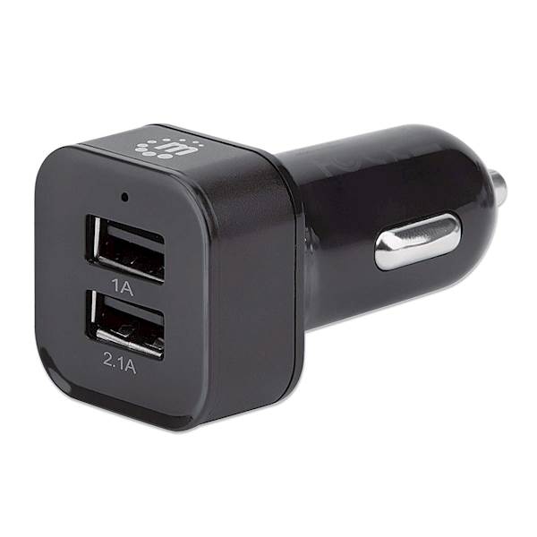Avtopolnilec 2 X USB A MANHATTAN + kabel, črne barve