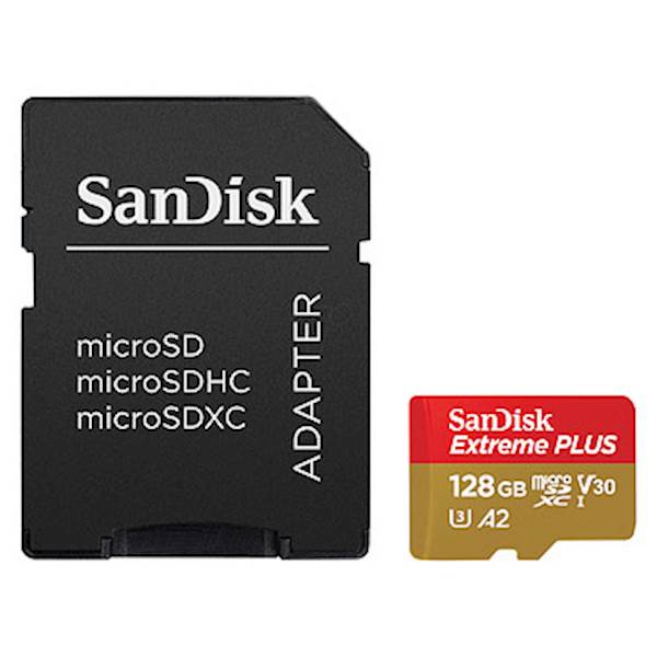SDXC SANDISK MICRO 128GB EXTREME PLUS, 200/90MB/s, A2, UHS-I, V30, U3, C10, adapter