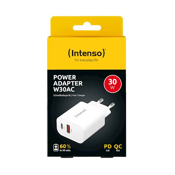 Polnilni adapter Intenso W30AC, 1 x USB-A, 1 x USB-C, PD 3.0, QC 4.0, 100 - 240V